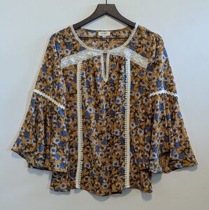 Umgee Floral Blouse Mustard Yellow Blue Flowers Small Excel Used Cond Flowy Lace